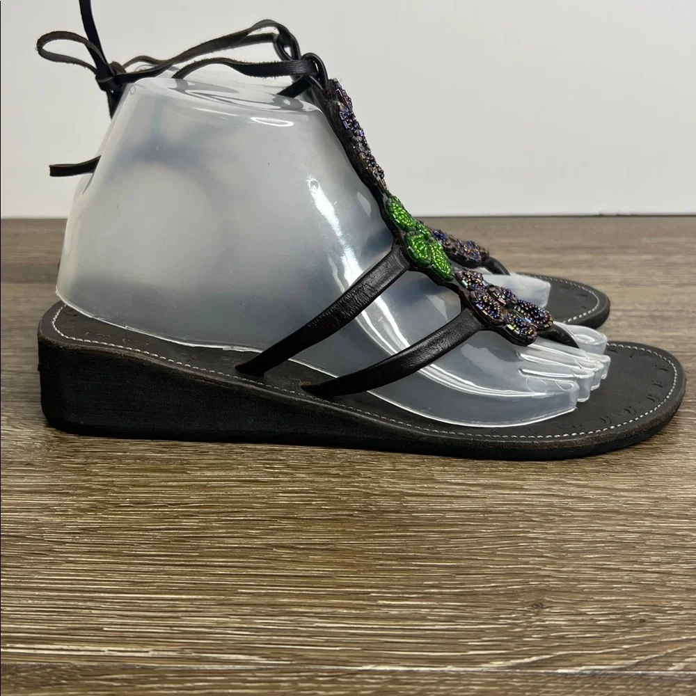 AZU’S Beaded Floral Leather Lace-Up Sandals – Size 38 (US 7)